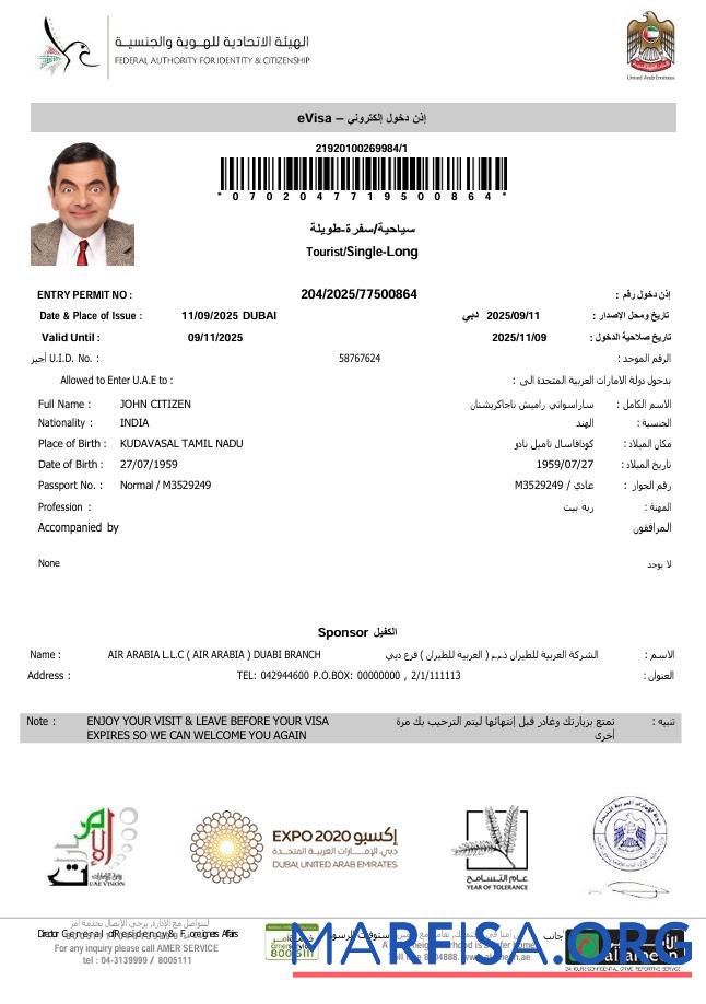 Printable Uae e visa template in Word and Pdf formats, version 4